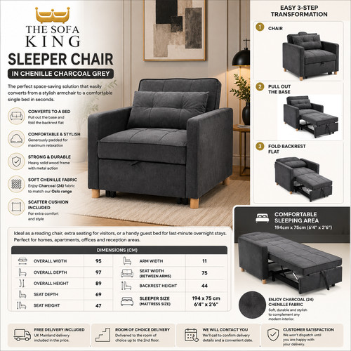 Charcoal grey sleeper chair - chair, |